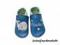 Preview: Lederpuschen azur-mint mit Namen grau Sterne mint und rechts Wal mit Stern mint